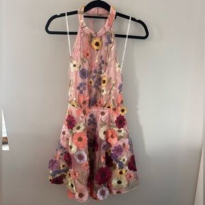 Lulus Blooming Bliss Pink 3D Floral Embroidered Halter Mini Dress